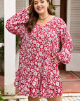 Plus Size Floral Balloon Sleeve V-Neck Mini Dress