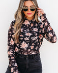 Floral Mesh Mock Neck Long Sleeve Top