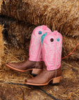 A4459 - WOMEN'S PINK GOAT EMBROIDERY BROWN SQUARE TOE COWBOY BOOT WITH PULL HOLES