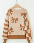 Bow Checker Stripe Patchwork Sleeve Drop Shoulder Sweater