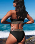 Edith Leopard Mesh Trim 2pcs Bikini Swimsuit