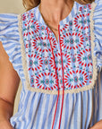 Ariya Stripe Geo Pattern Embroidered Tassel Flutter Blouse