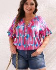 Lisa Plus Brushstroke Ruffle Sleeve Button V Neck Blouse