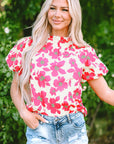 Elyse Floral Puff Sleeve Frilled Neckline Blouse