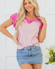 Rosie Stripe Ruffled V Neck Cap Puff Sleeve Top