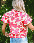 Elyse Floral Puff Sleeve Frilled Neckline Blouse