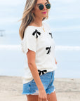 Kya Bow Pattern Knit Short Sleeve Sweater