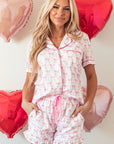 Bow Short Sleeve and Ruffled Shorts Pajama Set