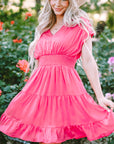 Nora Ruched Sleeve V Neck Smock Waist Tiered Ruffled Dress
