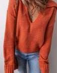 Solid Collared V-Neck Ribbed Edge Sweater