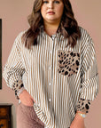Plus Size Stripe Leopard Chest Pocket Collared Shirt