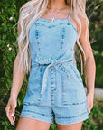 Hunter Spaghetti Straps Belted Denim Romper