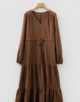 Solid Buttoned V-Neck Long Sleeve Tiered Maxi Dress