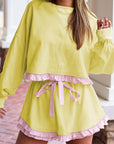 Ruffle Trim Patchwork Pullover and Shorts Set