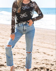 Bow Mesh Long Sleeve Top