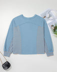 Stripe Patchwork Waffle Knit V-Neck Pullover