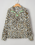 Leopard Contrast Stripe V-Neck Long Sleeve Blouse