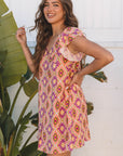 Alexandria Floral V Neck Buttoned Ruffled Sleeve Mini Dress