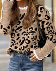 Leopard Lace Ribbed Trim Buttoned Cuff Sweater