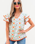 Belen Floral Layered Flutter Sleeve Rac Trim Blouse