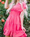 Nora Ruched Sleeve V Neck Smock Waist Tiered Ruffled Dress