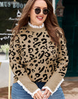 Plus Size Leopard Knit Lacy Trim Long Sleeve Sweater