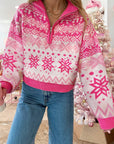 Geometric Christmas Snowflake Quarter Zip Collar Sweater