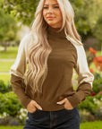 Colorblock Raglan Puff Sleeve Mock Neck Sweater