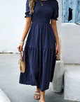 Smocked Short Sleeve Midi Dress