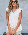 Textured Ruffle Trim V-Neck Top