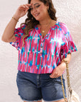 Lisa Plus Brushstroke Ruffle Sleeve Button V Neck Blouse