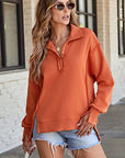 Solid Collared Drop Shoulder Side Slit Sweatshirt
