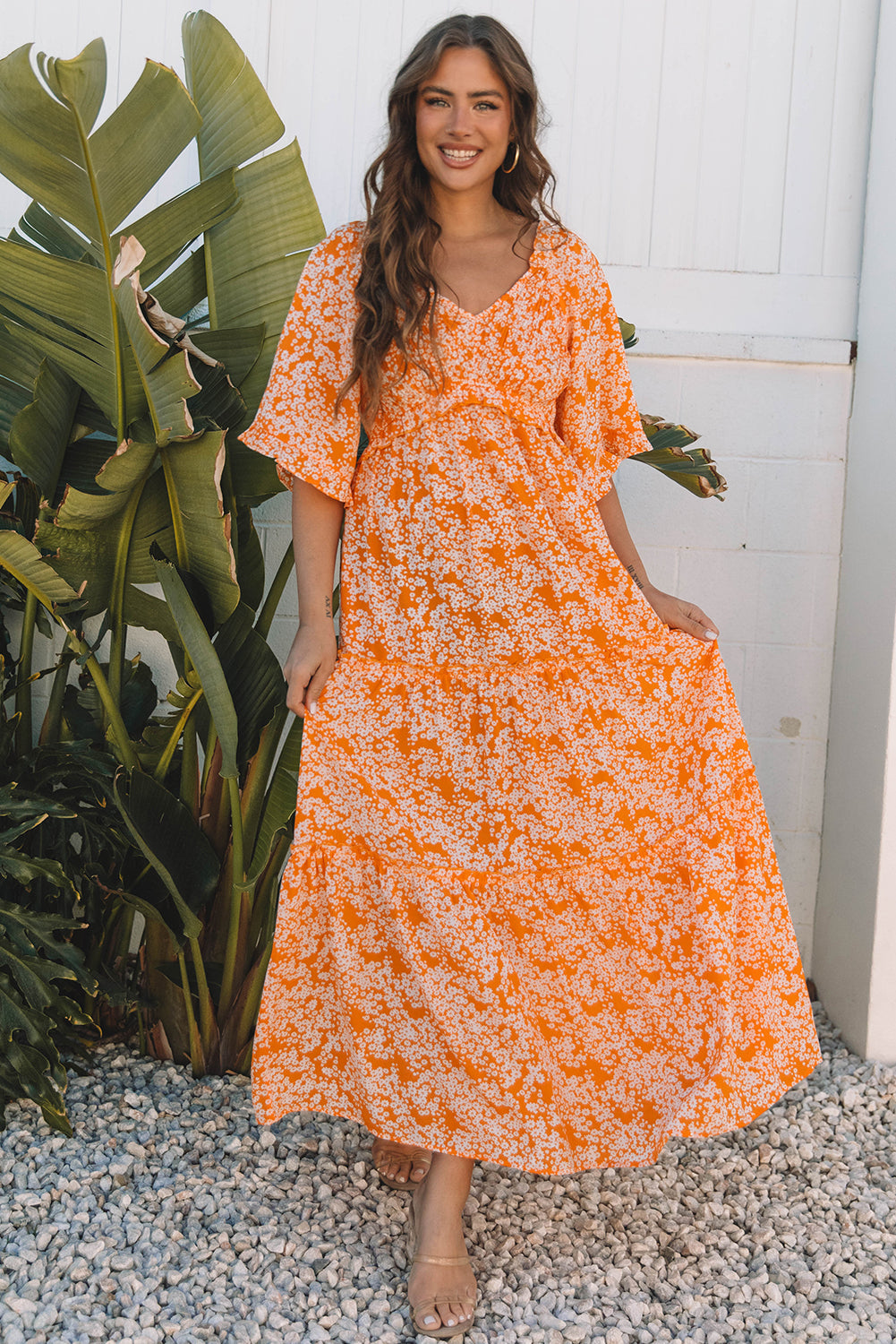Eileen Floral V Neck Wide Sleeve Maxi Dress
