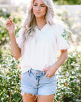 Priscilla Embroidered Puff Sleeve Notched Neck Blouse