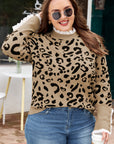 Plus Size Leopard Knit Lacy Trim Long Sleeve Sweater