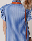 Leah Stripe Frilly Split Neck Shirred Ruffle Sleeve Dress