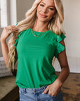 Nellie Embroidered Ruffled Sleeve Slim Fit Crew Neck Top