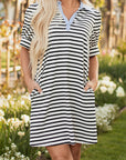 Stripe Patchwork V-Neck Collared Mini Dress