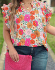 Kimber Plus Floral Notched Neck Ruffle Sleeve Blouse