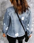Denim Lapel Distressed Raw Hem Buttoned Jacket