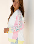 Floral Colorblock Patchwork Chest Pocket Long Sleeve Top