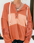 Stripe Patchwork Waffle Knit Long Sleeve Hooded Top