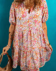 Floral Frilled V-Neck Puff Sleeve Dress