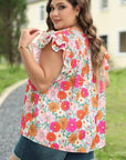 Kimber Plus Floral Notched Neck Ruffle Sleeve Blouse