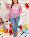 Plus Size Bow Embroidered Long Sleeve Mesh Top