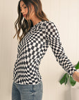 Checkered Pattern Mesh Long Sleeve Top