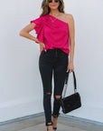 Madelynn Asymmetric Shoulder Ruffle Sleeve Blouse