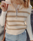 Everly Stripe Ribbed Half Zip Collared Sweater Vest