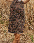 Leopard Denim Frayed Hem Midi Skirt