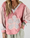 Floral Patchwork Waffle Textured V-Neck Hooded Top